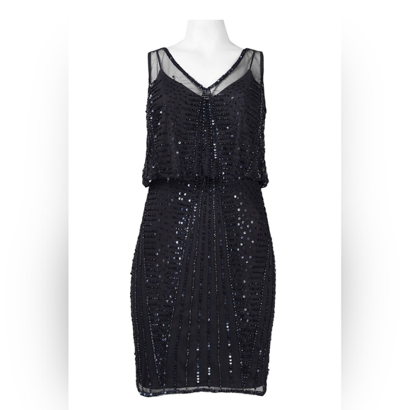 ADRIANNA PAPELL SLEEVELESS MIXED BEAD AND SEQUIN PATTERN MESH BLOUSON DRESS - Picture 4 of 6
